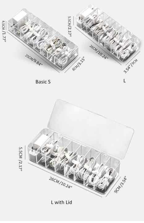 Caja organizadora de cables con 10 bridas para cables, caja organizadora  con 8 compartimentos, caja organizadora de plástico transparente para  encimera (grande con tapa)