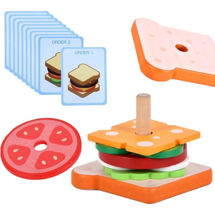 Juego De Hamburguesa Apilable De Madera – 10 Tarjetas De Pedido Y 9 Ingredientes, Juguete Educativo Montessori Para Niños De 3 Años En Adelante