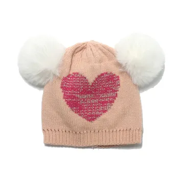 Baby Heart-shaped Winter Warm Hat Double Pompom Soft Knitted Hat Boys Girls Caps