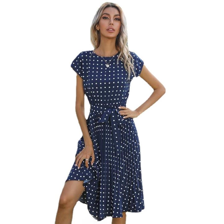 Vestido Para Mujer Con Lunares - Cuello En V, Manga Larga, Volantes Y Cinturón, Estilo Playa Y Vacaciones