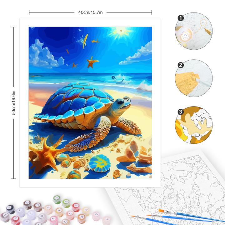 Pintura Por Números Infantil Con Marco – Tortuga Marina Sobre Lienzo De 20x20 Cm, Kit De Acrílico Para Niñas Y Niños +5 Años, Regalo Creativo Y Decorativo