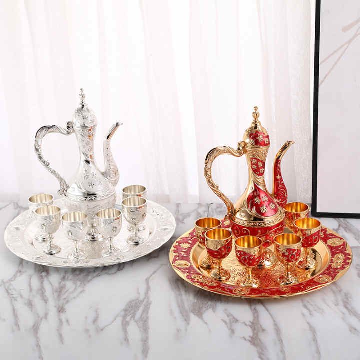 Juego de tetera turca vintage, tetera y taza para manualidades, incluye  bandeja y 6 tazas de metal, juego de servicio de té para decoración de mesa  de