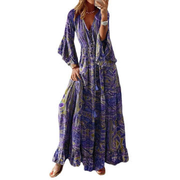 Vestido manga larga escote en V estampado floral multicolor para mujer