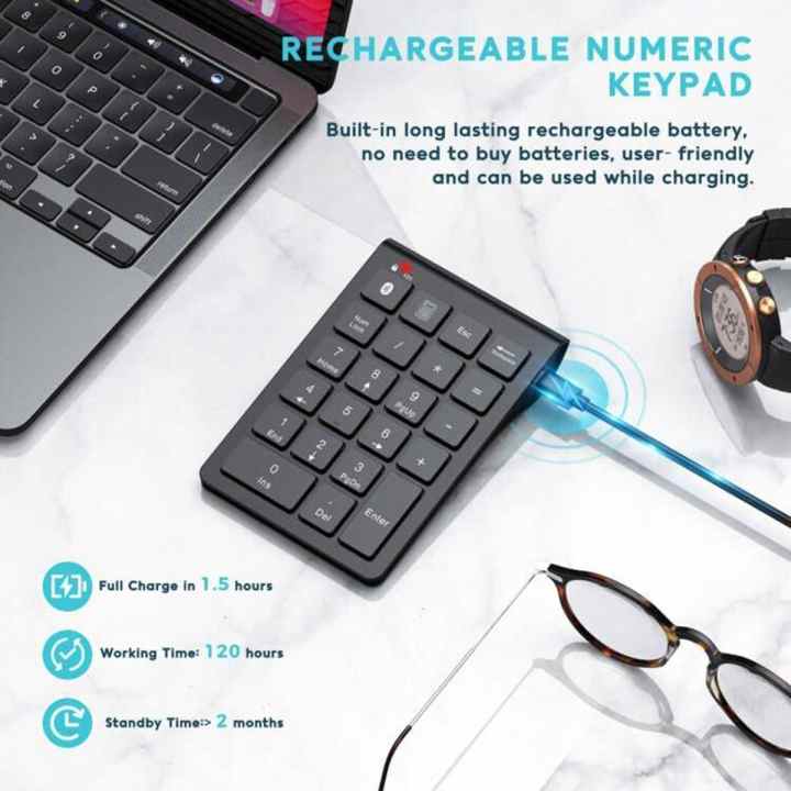 Teclado numérico inalámbrico Bluetooth, almohadilla numérica delgada  portátil de 22 teclas para ordenador portátil, PC, escritorio, Notebook
