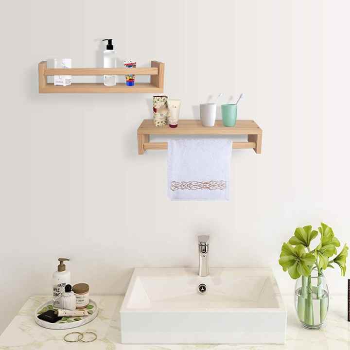 Estante de baño sin taladro, organizador de almacenamiento de ducha,  estantes de esquina de madera maciza, soporte de champú para inodoro  montado en la pared