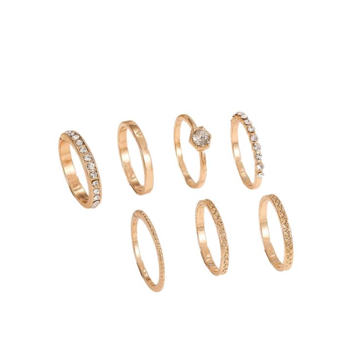 Juego De 7 Anillos Dorados Para Mujer - Diseño Chunky Con Cristales, Ajustables, Estilo Vintage, Apilables, Chapado En Oro