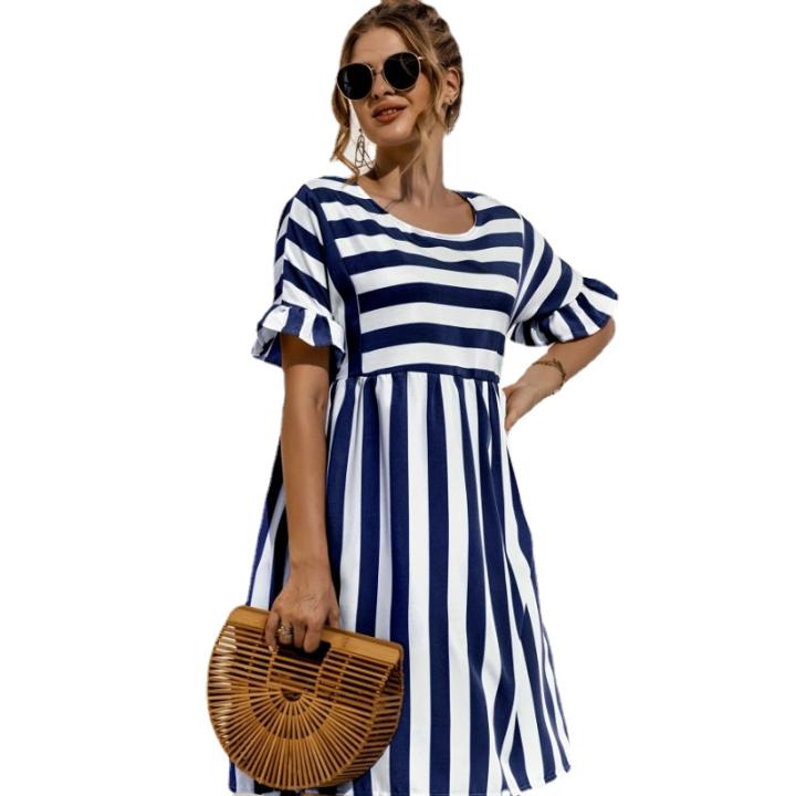 Vestidos Casuales Para Mujer, Estampado Casual, Cuello Plano, Manga Corta, Acampanado, Vestido De Playa Con Túnica Larga, Verde, M