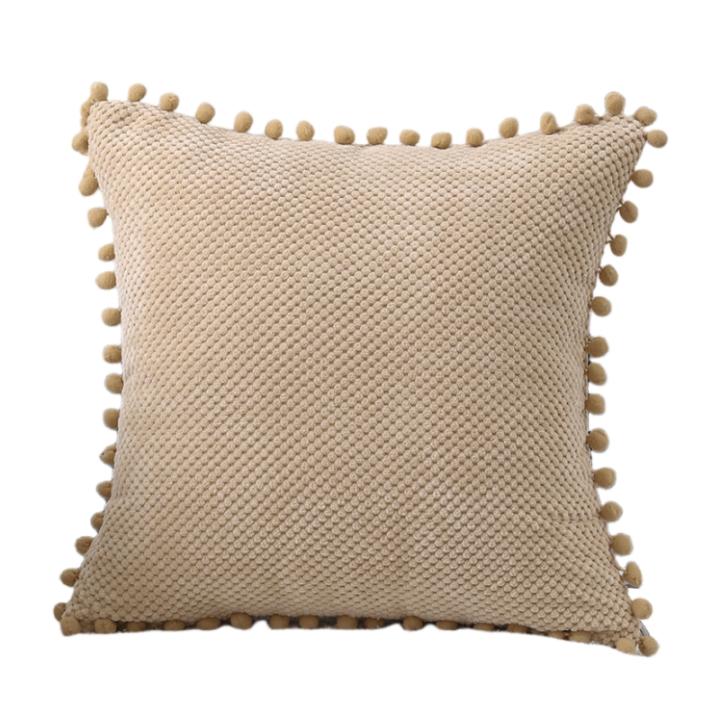 PiccoCasa Federa Per Cuscino 45x45 Cm Con Quadri Buffalo E Pompon - Decorativa In Poliestere, Colori Borgogna Beige Rosso, Cerniera Nascosta, Per Divano E Letto