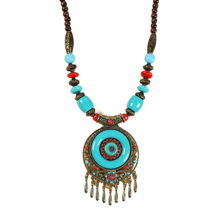Collier Ethnique Bohème - Turquoise Et Argent - Amulette Pendentif