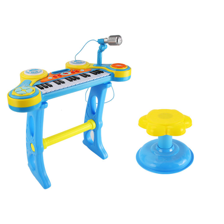 COSTWAY Teclado Infantil De 31 Teclas Con Luces, Micrófono Y Taburete – Piano Juguete Portátil Para Niños De 3+ Años (Azul)