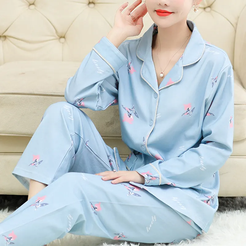 Las mujeres Set de pijamas de algodón ropa de dormir de otoño e invierno cálido pijama de manga para las mujeres ropa de 2 piezas conjuntos PJ | Miravia