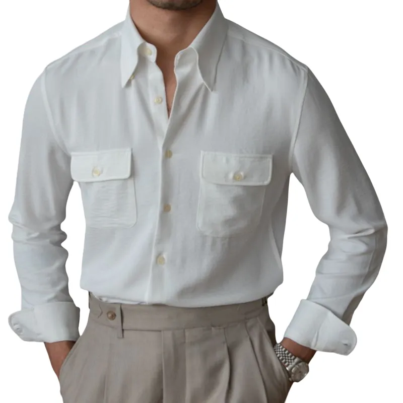 Camisa con cuello de Cuba para hombre, camisa informal ajustada de color  sólido, con doble bolsillo, para baile de graduación, negocios italianos |  Miravia