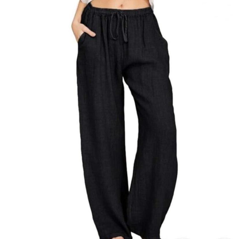 FEOYA Pantalones Elásticos De Lino Para Mujer, Cintura Elástica, 9/10, Pernera Ancha, Transpirables, Para Verano, Sueltos, Para El Tiempo Libre Con Bolsillos, Azul Oscuro, XL