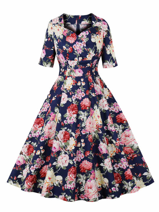 Tonval-vestido Vintage Floral Multicolor para mujer, Media manga, Pinup de  los años 50, algodón de cintura alta, vestidos Retro elegantes e  impresionantes