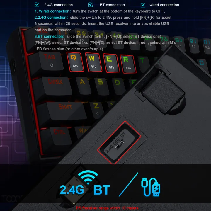 REDRAGON Horus TKL K621 RGB Support Bluetooth 5.0 wireless USB 2.4G 3 mode  Slim Mechanical Gaming Keyboard 97 Keys Compute PC