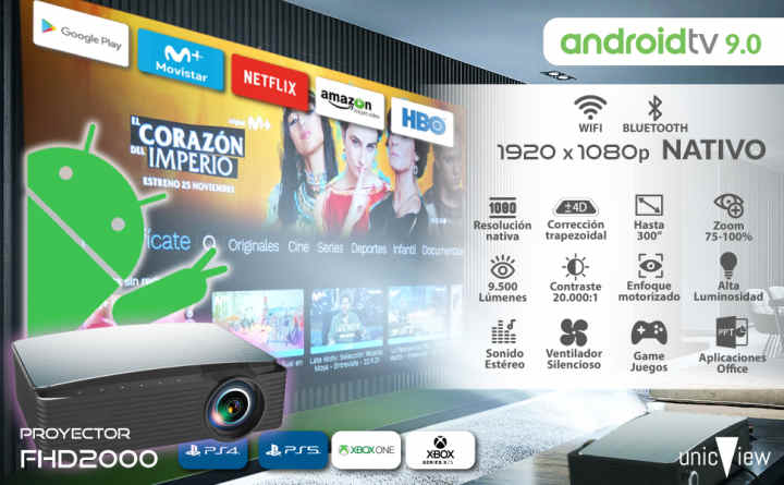 UnicView JS30 Proyector Android TV con HDMI de Salida UltraHD 4K